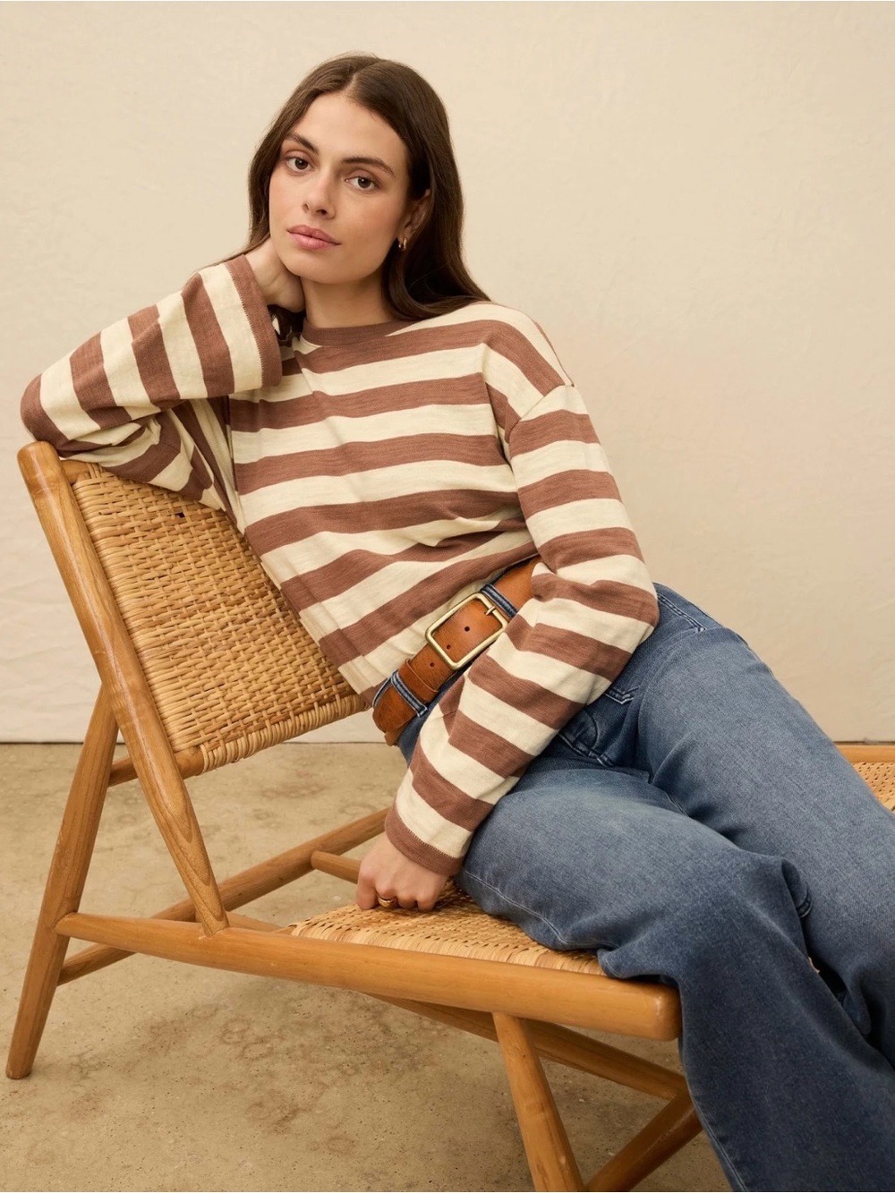 Faherty Striped Long-Sleeve Tee in Brown & Cream